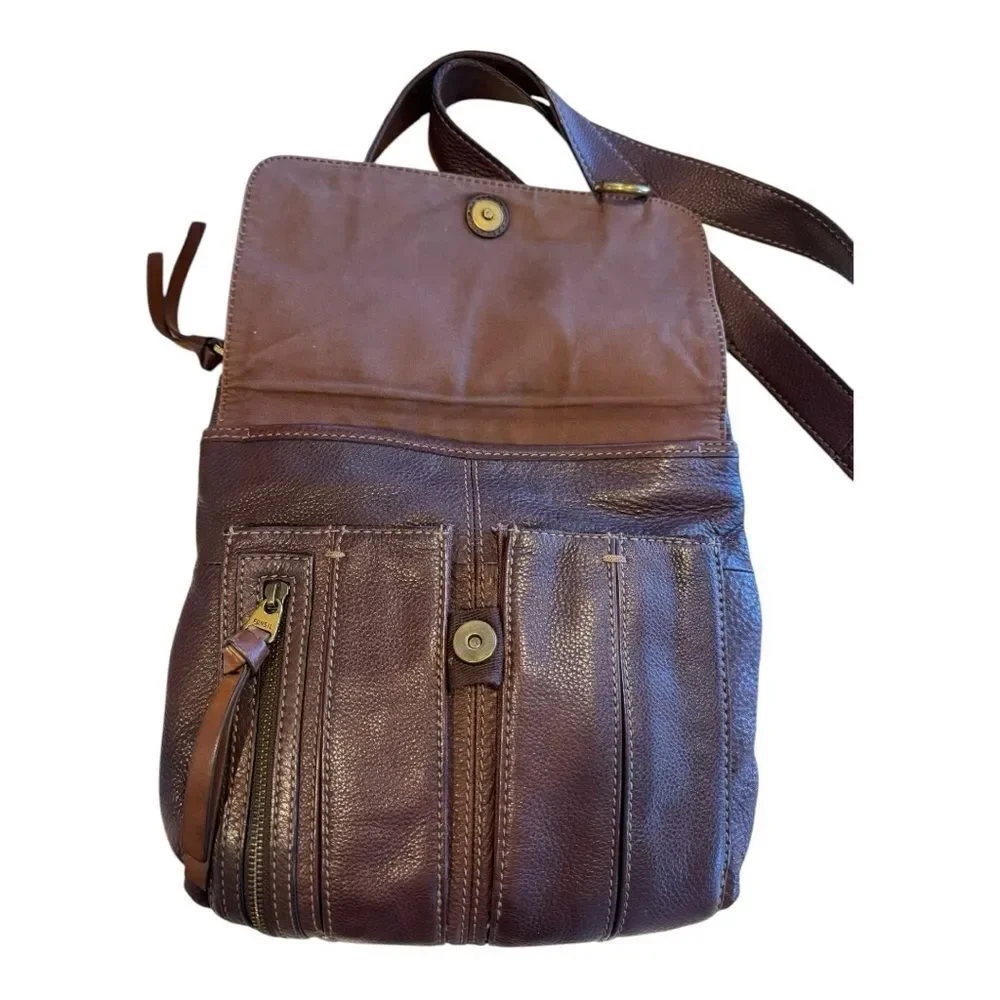 Fossil Vintage Brown Morgan Pebbled Leather Snap Flap & Zip Crossbody Bag